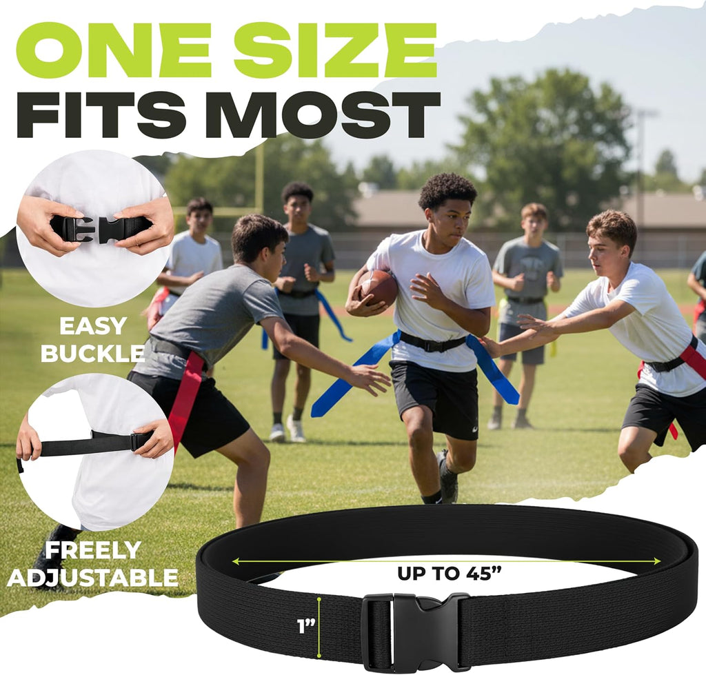 Flag Football Belts Set for 14 Players – 28 Durable Red & Blue Flags with 4 Extra Flags, Adjustable Belts & Carry Bag