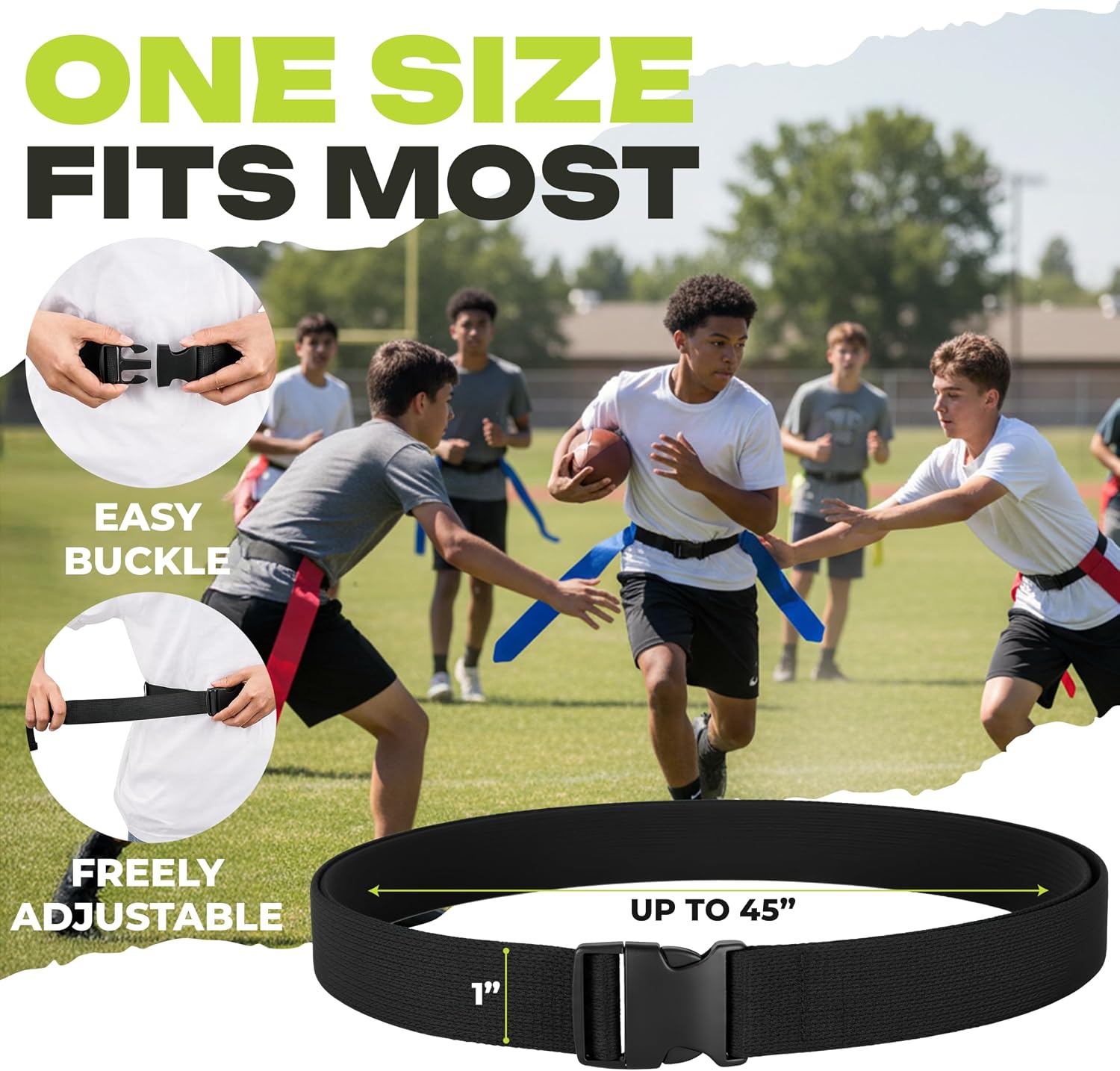 Flag Football Belts Set for 14 Players – 28 Durable Red & Blue Flags with 4 Extra Flags, Adjustable Belts & Carry Bag