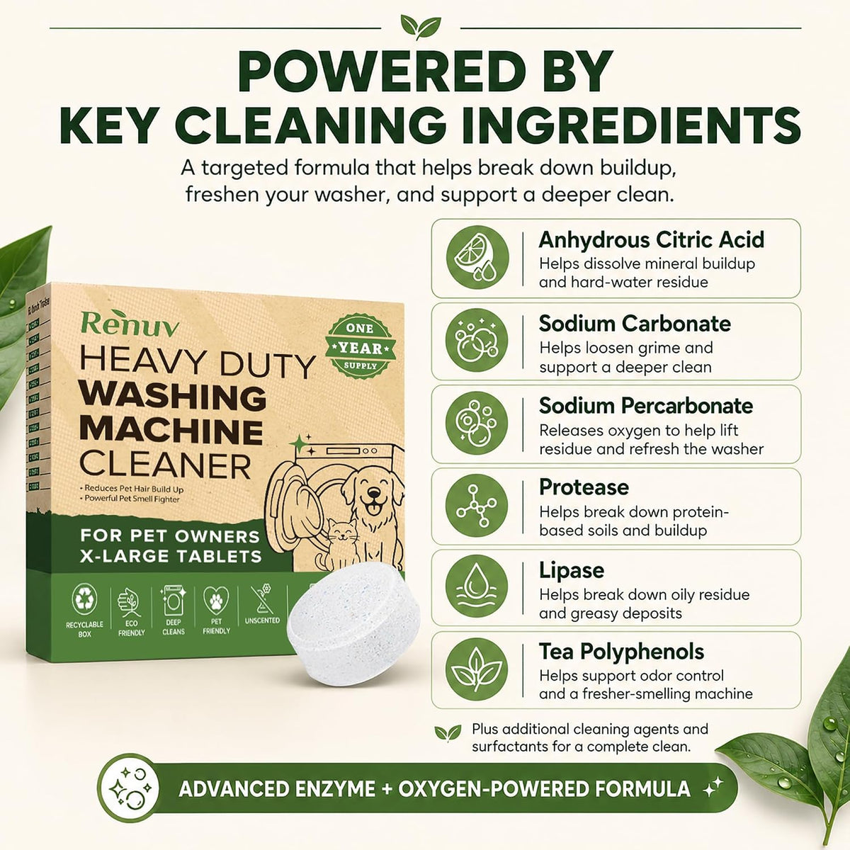 Heavy Duty Washing Machine Cleaner For Pet Owners, 12 XL Tablets