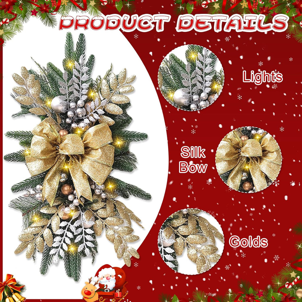 Christmas Teardrop Swag for Outdoor, 24" Prelit Cordless Stair Decorations with Lights, 1 Pcs Artificial Christmas