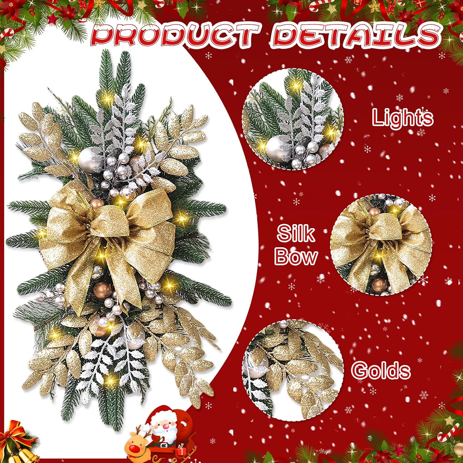 Christmas Teardrop Swag for Outdoor, 24" Prelit Cordless Stair Decorations with Lights, 1 Pcs Artificial Christmas