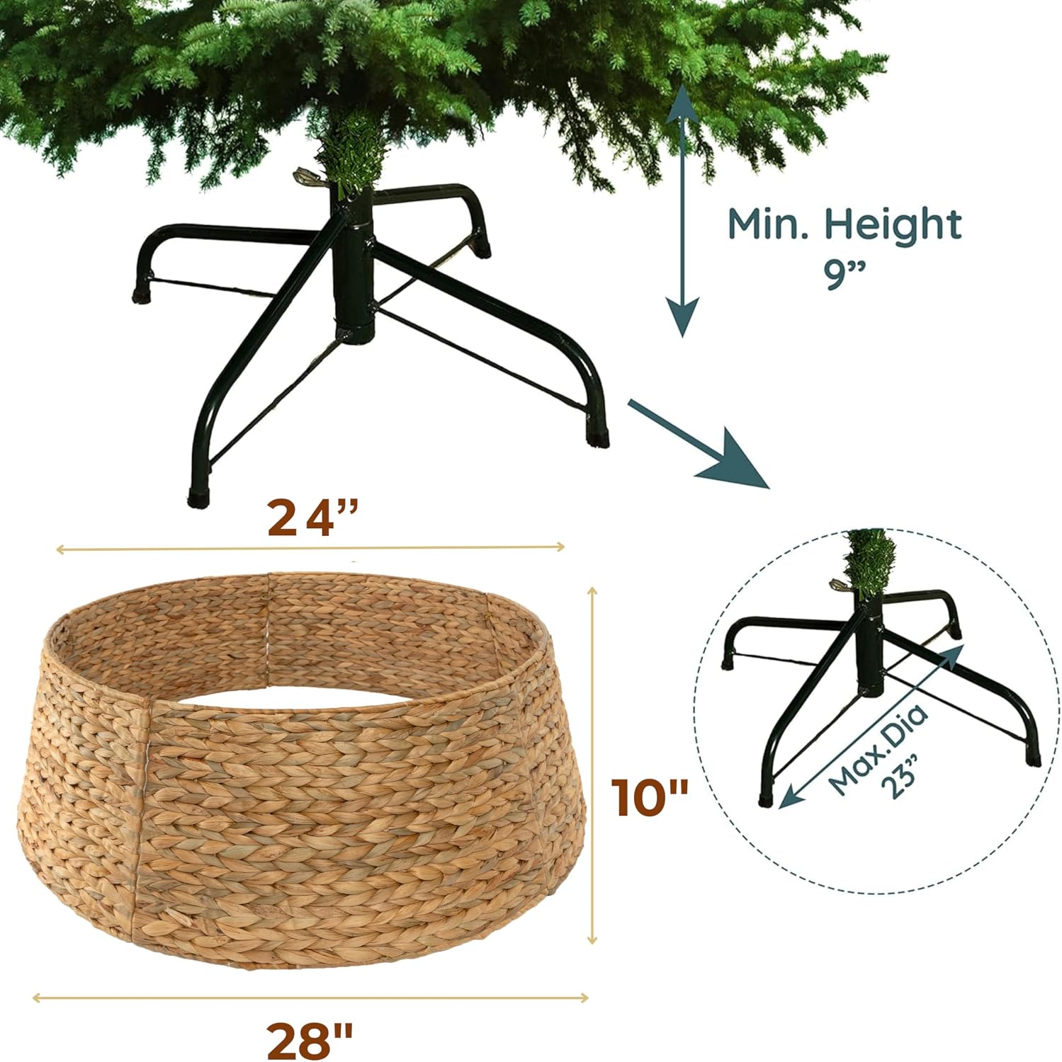 28in Christmas Tree Collar Large to Small Christmas Tree, Woven Christmas Tree Ring Adjustable Skirt, Christmas Tree