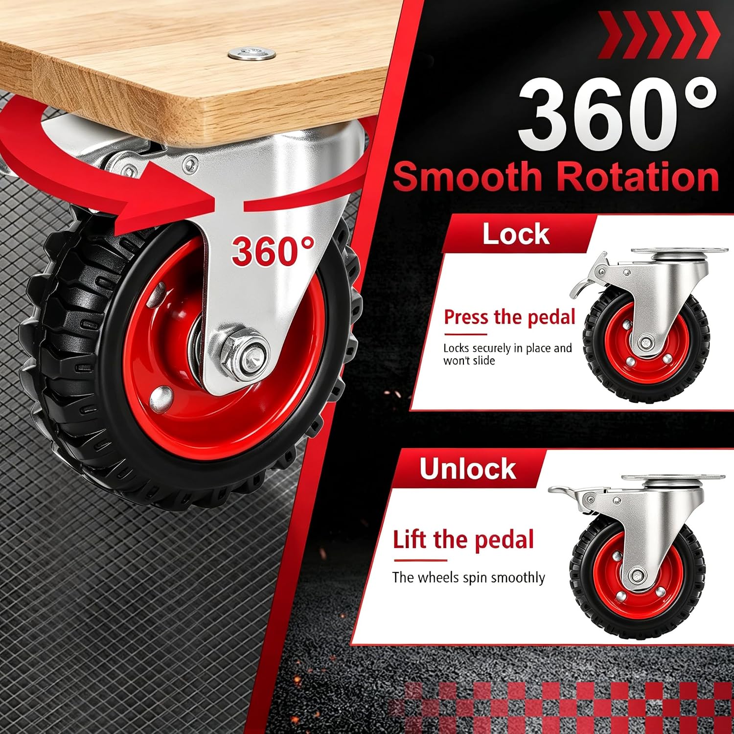 5 Inch Heavy Duty Swivel Caster Wheels 4 Pack with Total Lock Brakes | All Terrain Thick Rubber Tread Casters, 2400