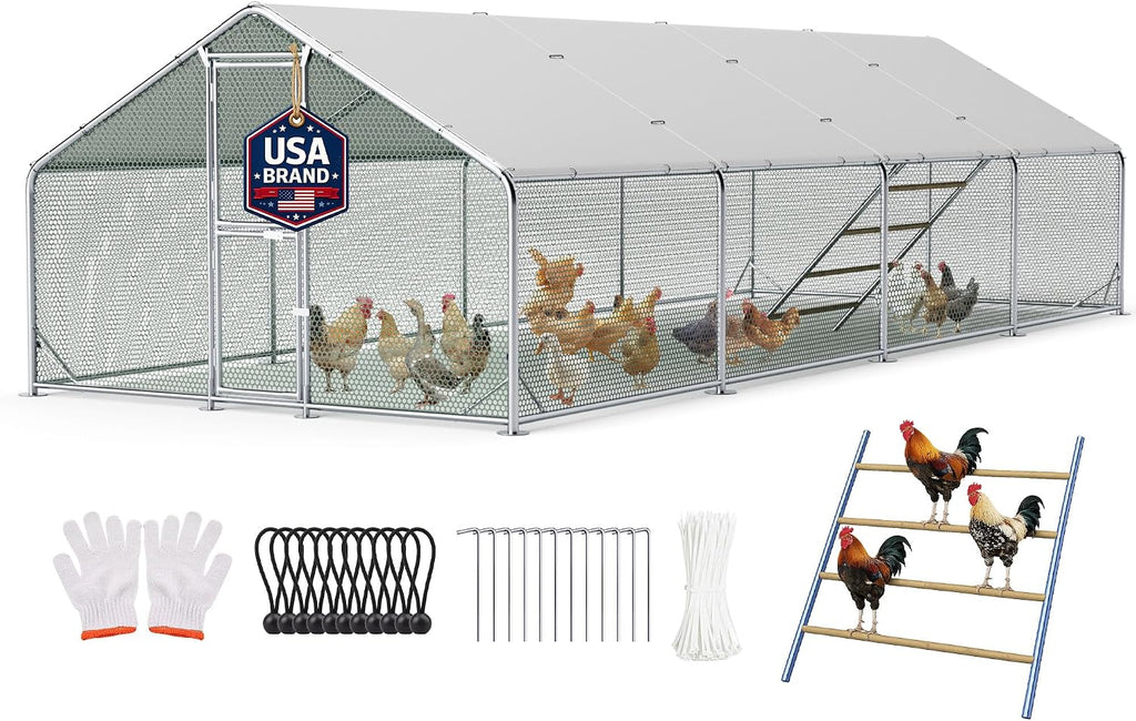 Extra Large Chicken Coop,26x10x6.6FT Metal Chicken Run for Yard with Feeding Door,Walk-in Chicken Pen,Outdoor Poultry