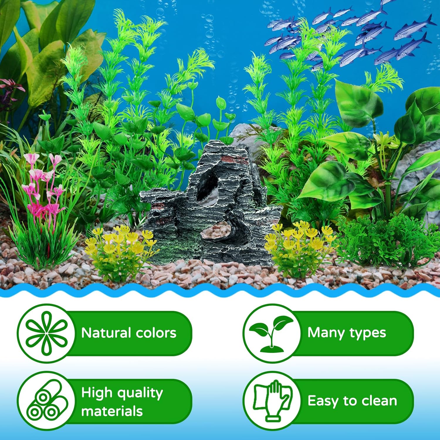 Fish Tank Accessories Artificial Plants, 9pcs Green Aquarium Decorations Plants and Cave Rock Decor Set, Aquarium