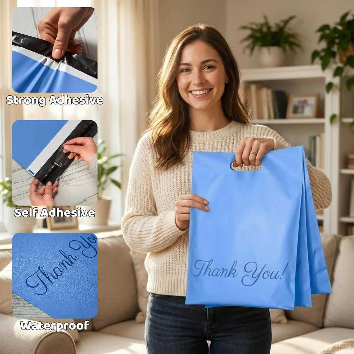 Blue Poly Mailers with Handle, 10x13, 100 Pack, Packaging Bags