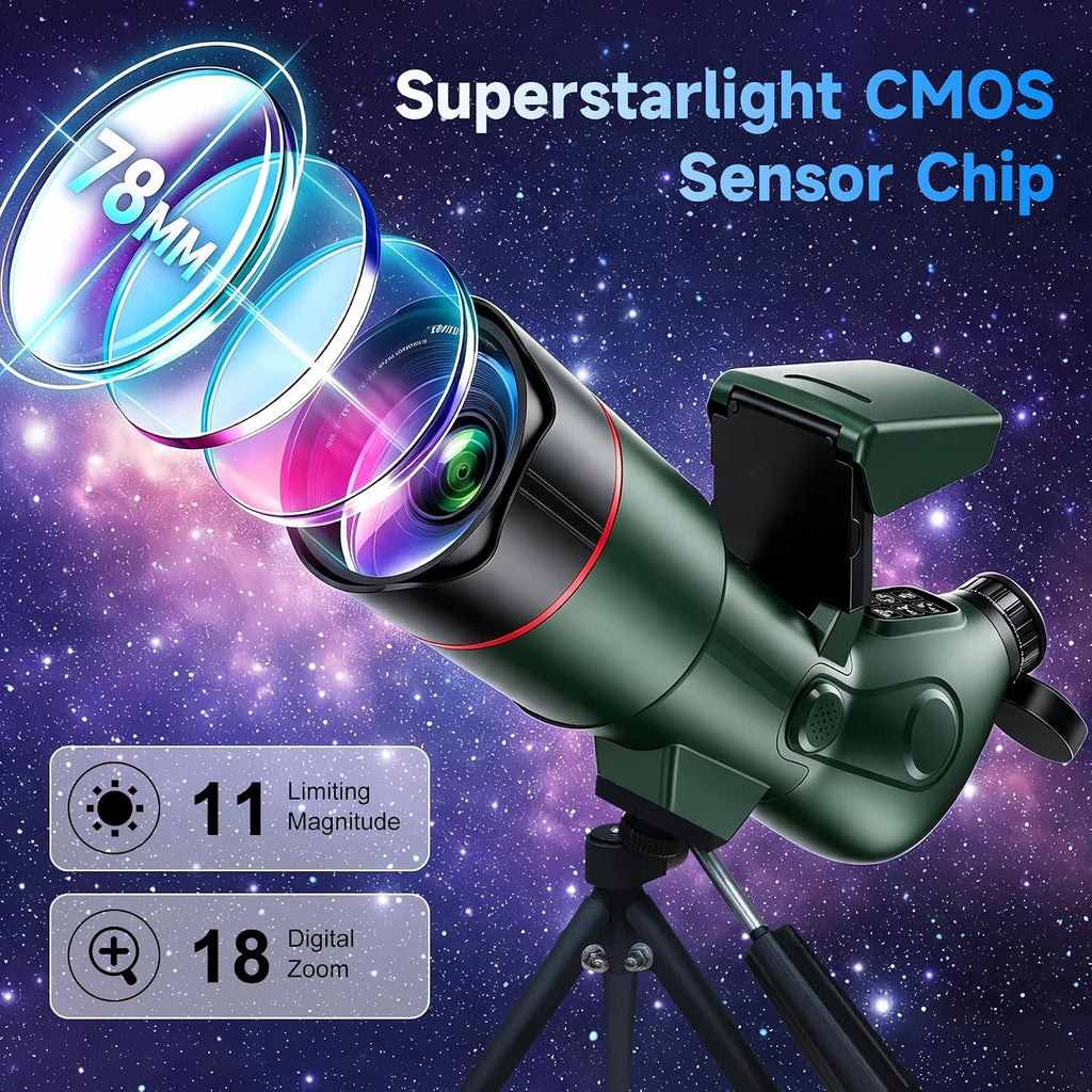 Smart Telescope with App & Remote, 4K Electronic Astronomy Telescope for Astrophotography with Dual Screen for Adults