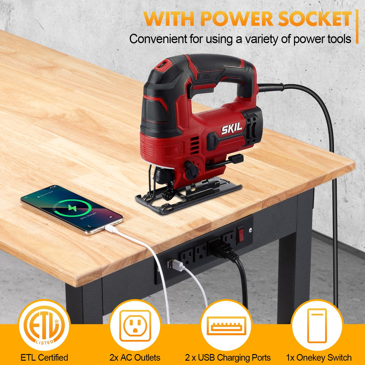 48" Adjustable Workbench, Work Table with Wheels and Power Outlet