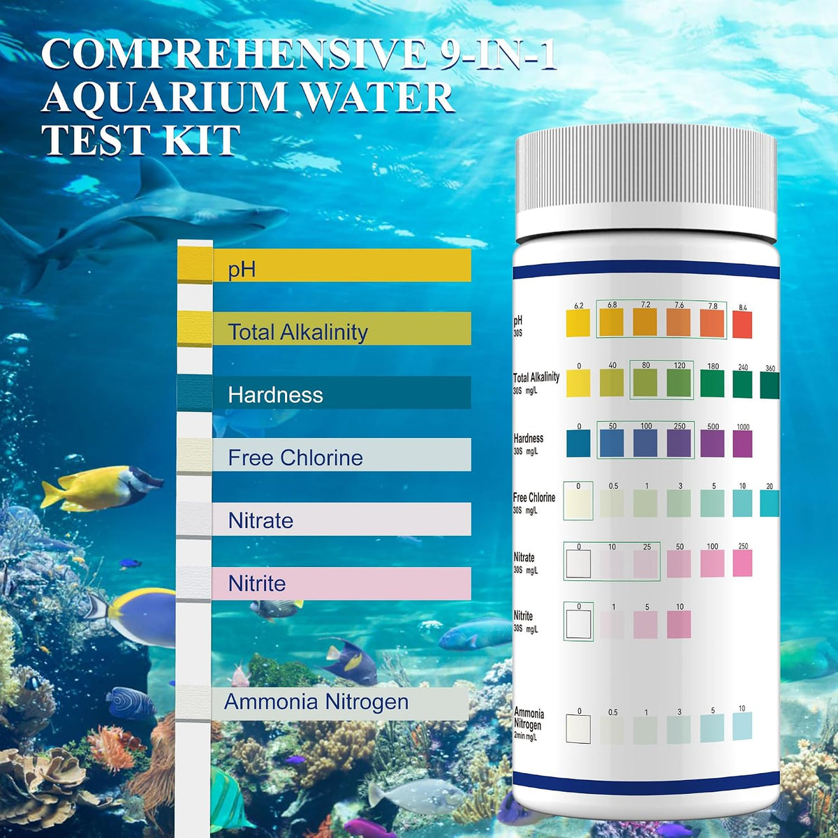 Aquarium Water Ammonia Test Strips 7 in 1, 150 Strips Aquarium Water Testing Kit for Freshwater Fish Tank with Test