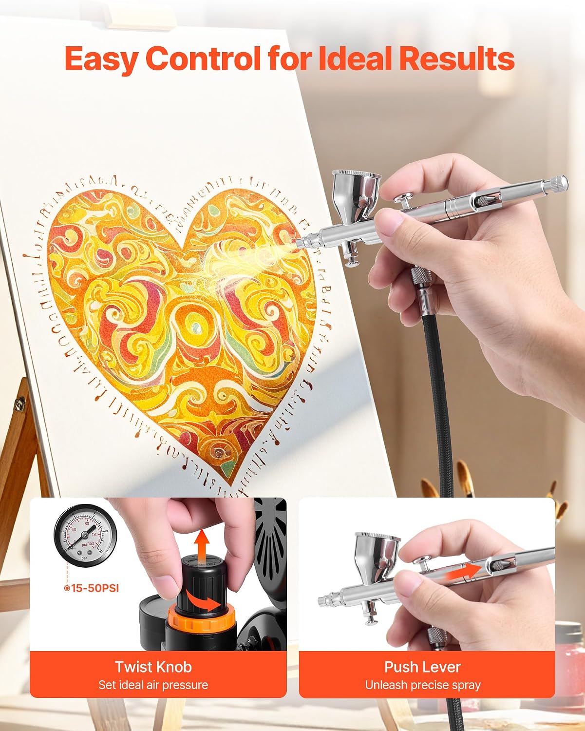 Airbrush Kit, 1/6 HP, Air Brush Kit with Air Compressor and Tank, 1 Dual-Action Professional Airbrush with 1 Tip