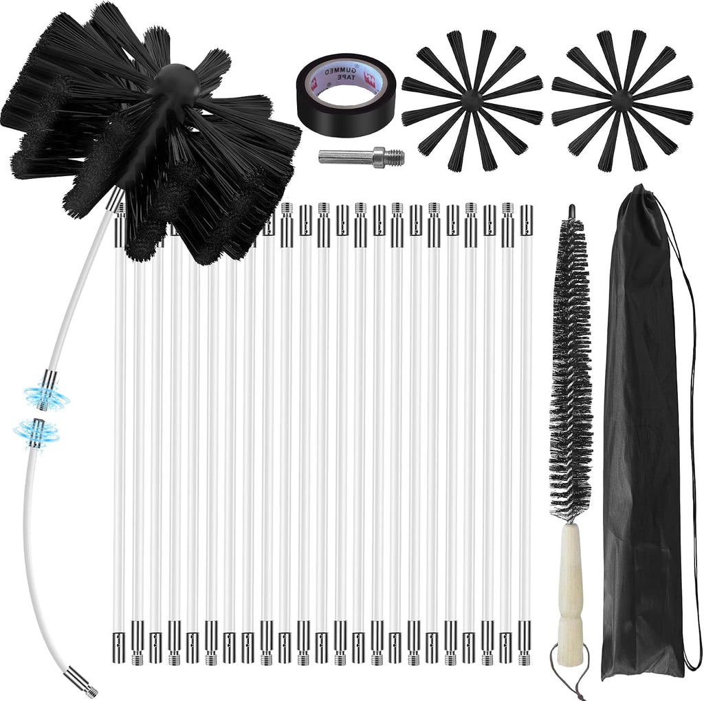 30Feet Chimney Sweep Kit - 6 in Brush Head, Dryer Vent Cleaner, Rotary Cleaning System for Flue/Fireplace/Sewage