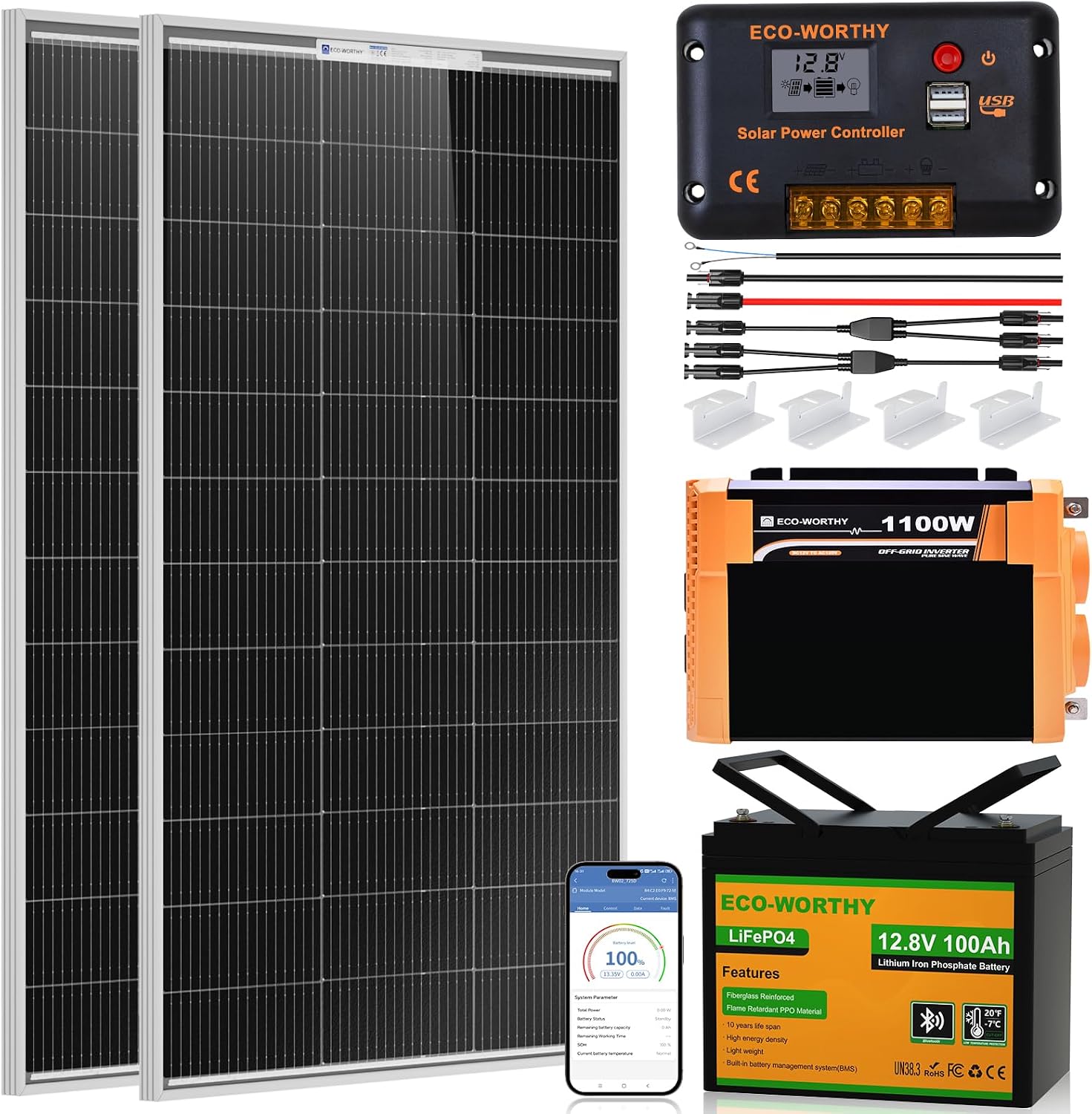 200 Watt 12V Complete Solar Panel Starter Kit for RV Off Grid | with Battery and Inverter: 2*100W Solar Panel + 30A