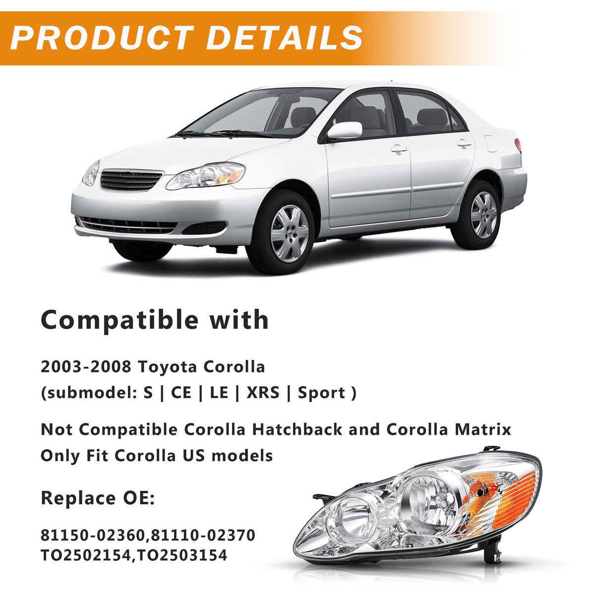 for 2003 2004 2005 2006 2007 2008 Toyota Corolla Headlights Headlamp Assembly Replacement Pair,Chrome Housing Amber