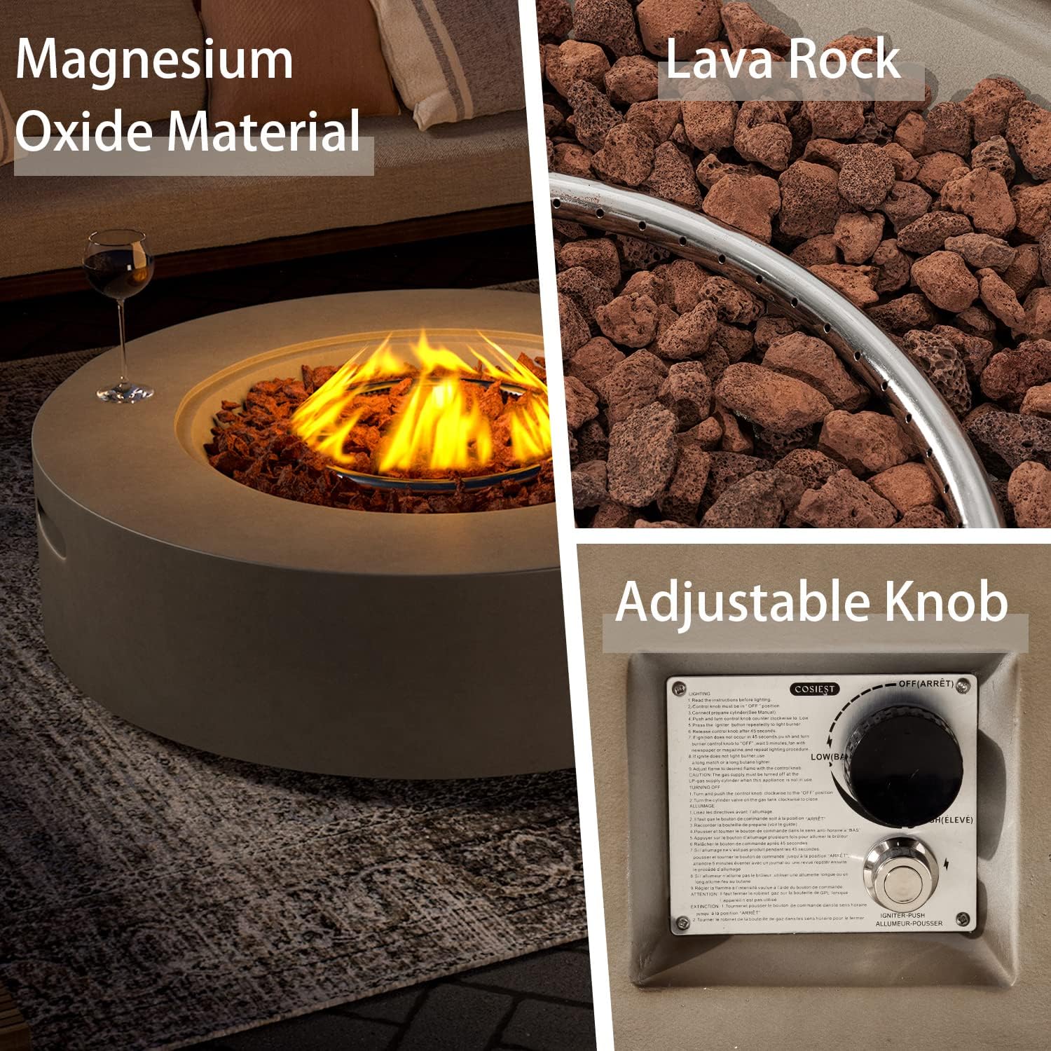 Outdoor 42" Propane Fire Pit Table, 50000 BTU Gray Patio Fire Table, Concrete Round Gas Fire Table w Lava Rocks