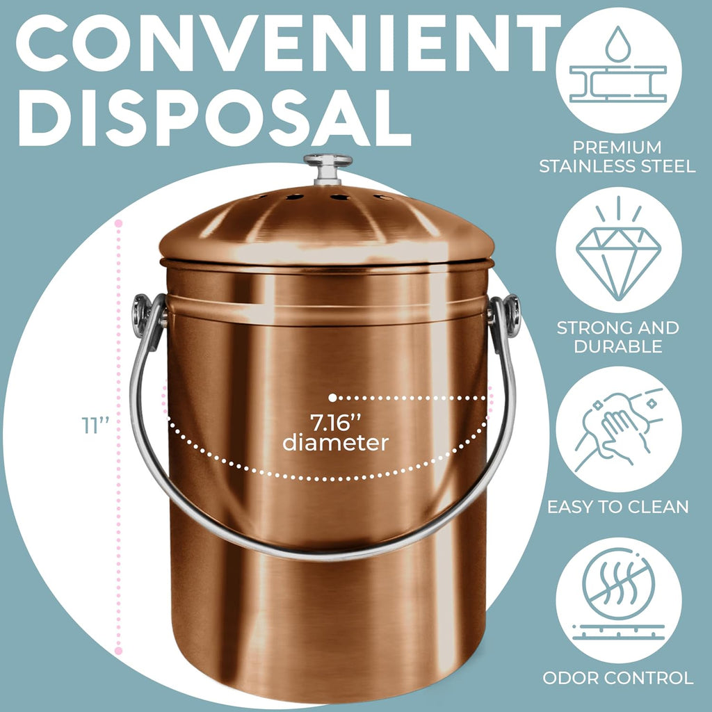 Kitchen Compost Bin for Kicthen Countertops, 1.3 Galllon - Copper