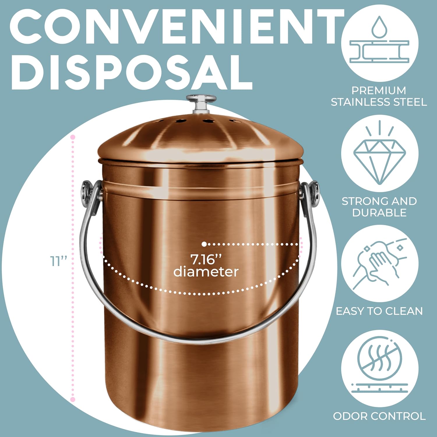 Kitchen Compost Bin for Kicthen Countertops, 1.3 Galllon - Copper