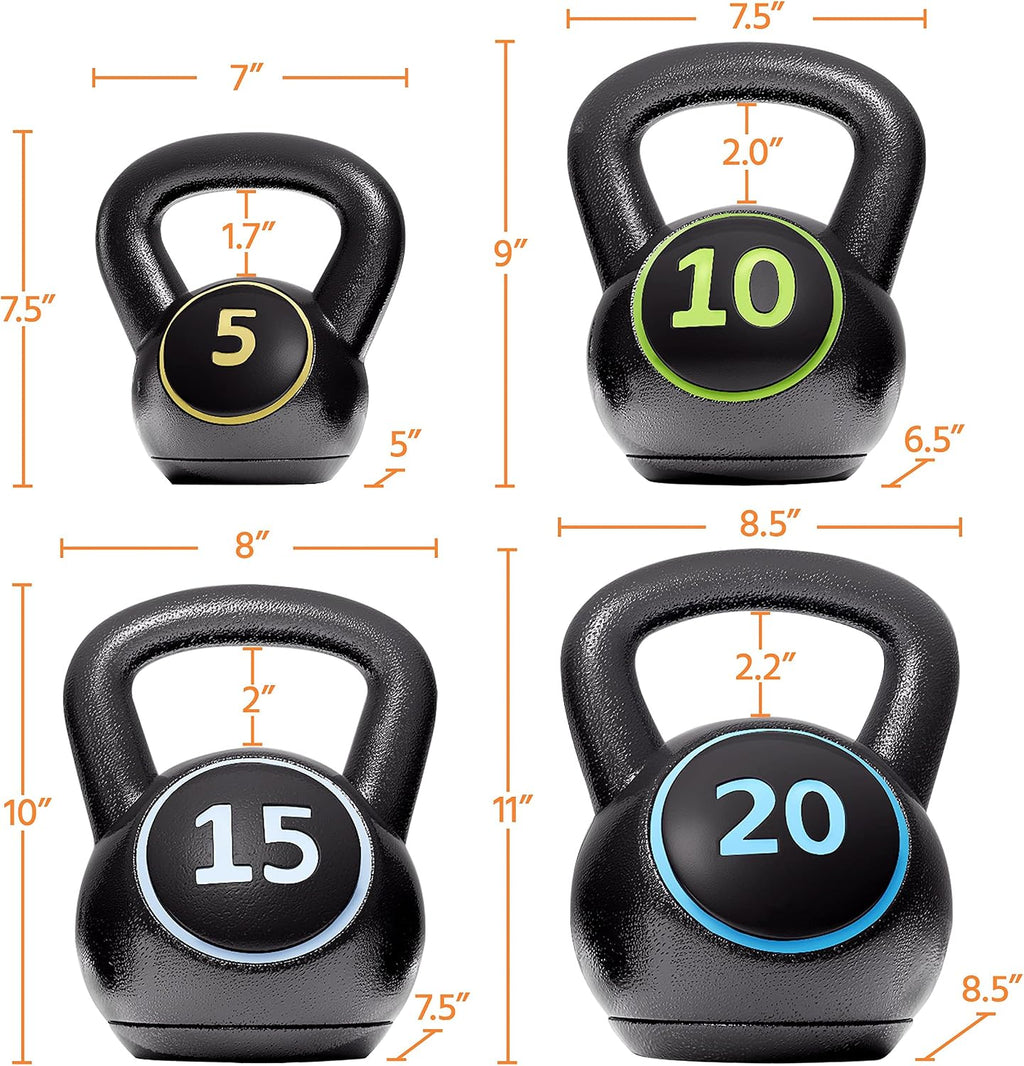 4 Piece Kettlebell Set 5lb 10lb 15lb 20lb Strength Training Black | HDPE and concrete kettlebells support varied