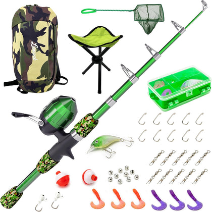 Kids Fishing Pole, Kids Portable Telescopic Fishing Rod Set, Tackle Box and Fishing Net Combo Kit, Kids Fishing Gear