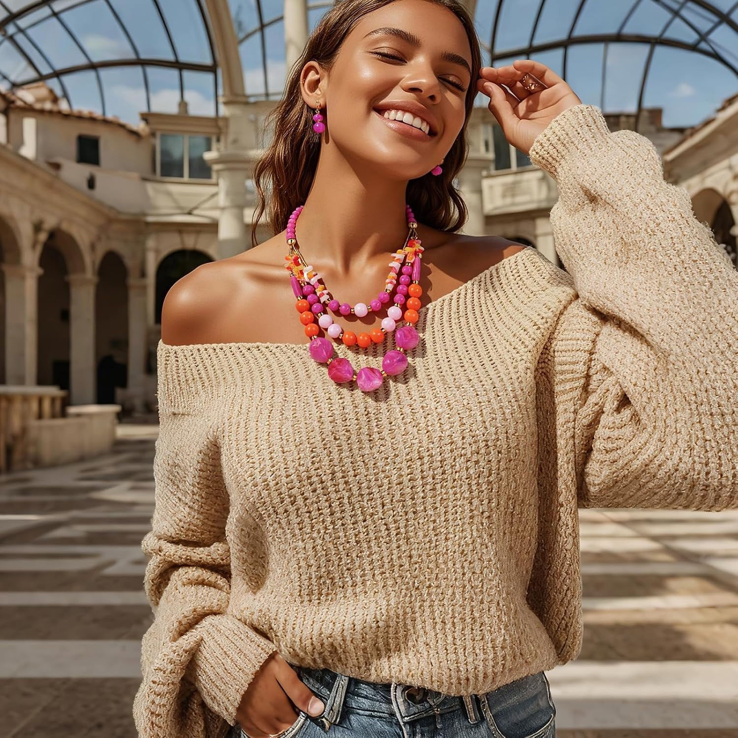 3 Layer Statement Chunky Beaded Necklace Fashion Costume Jewelry Set for Women Gifts (NK-10788)