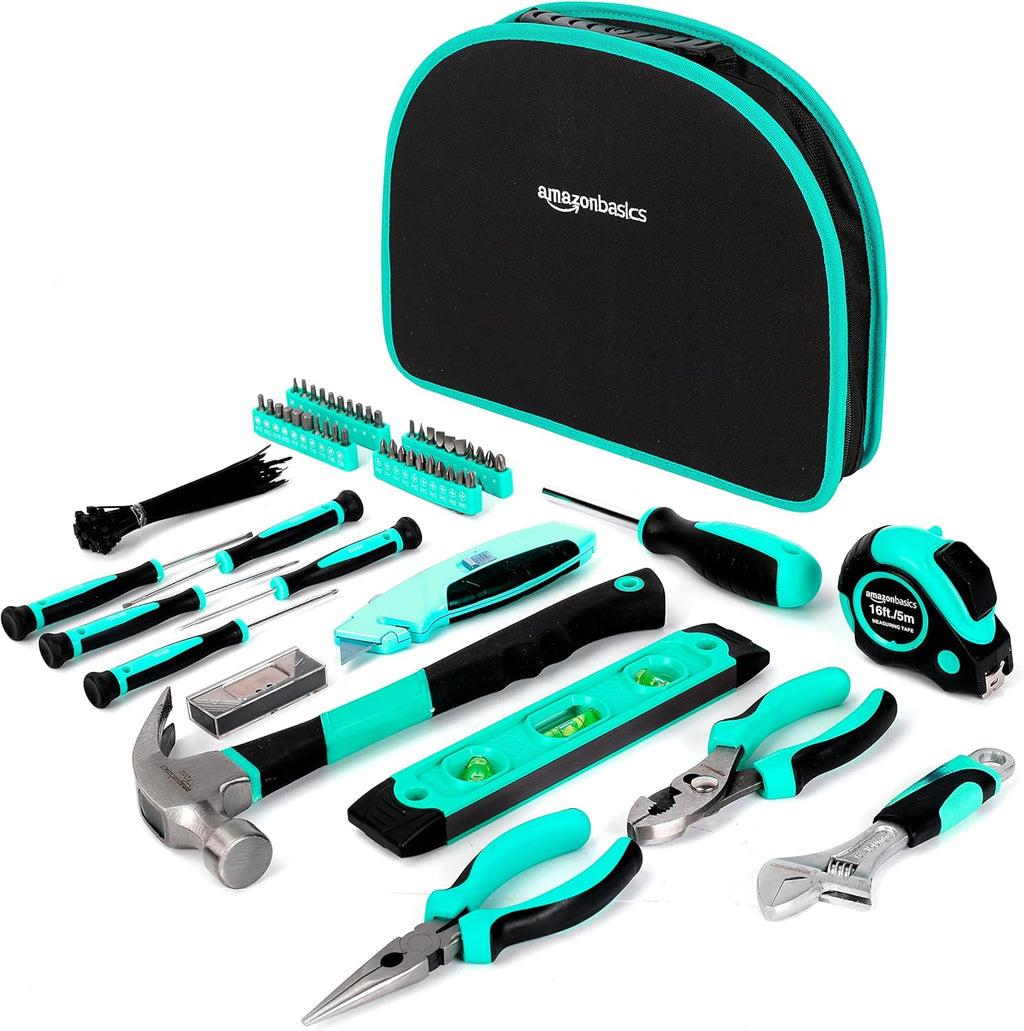104-Piece Home Repair Household Tool Set with Easy Carrying Round Pouch, Portable Hand Tool Kit, Turquoise, 14.4 x