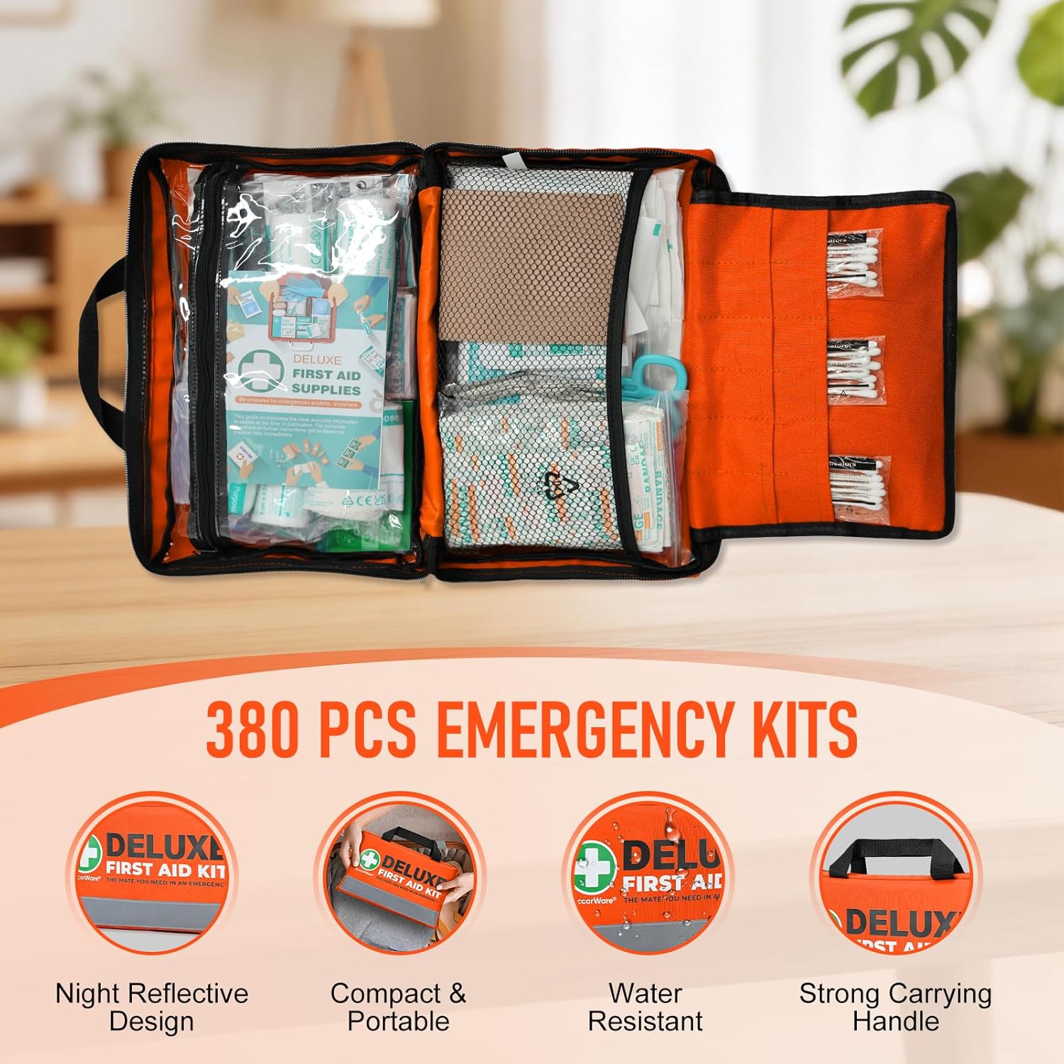 380 Pieces Deluxe First Aid Kit Compact Trauma Medical Kits with Assorted Bandages, Instant Cold Pack, Emergency