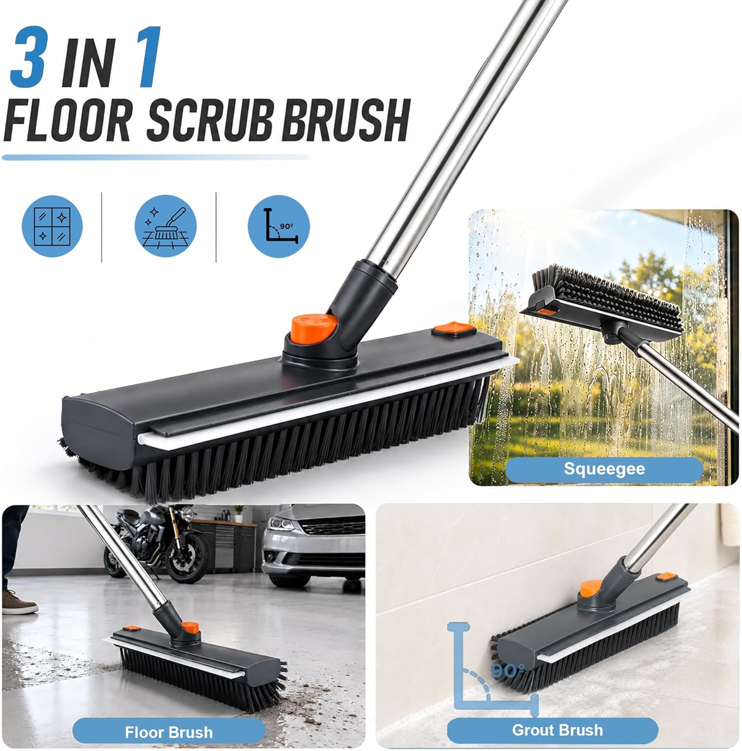 Floor Scrub Brush with Long Handle, 3 in 1 Floor Scrubber, Heavy Duty Stiff Bristle Squeegee Broom for Cleaning