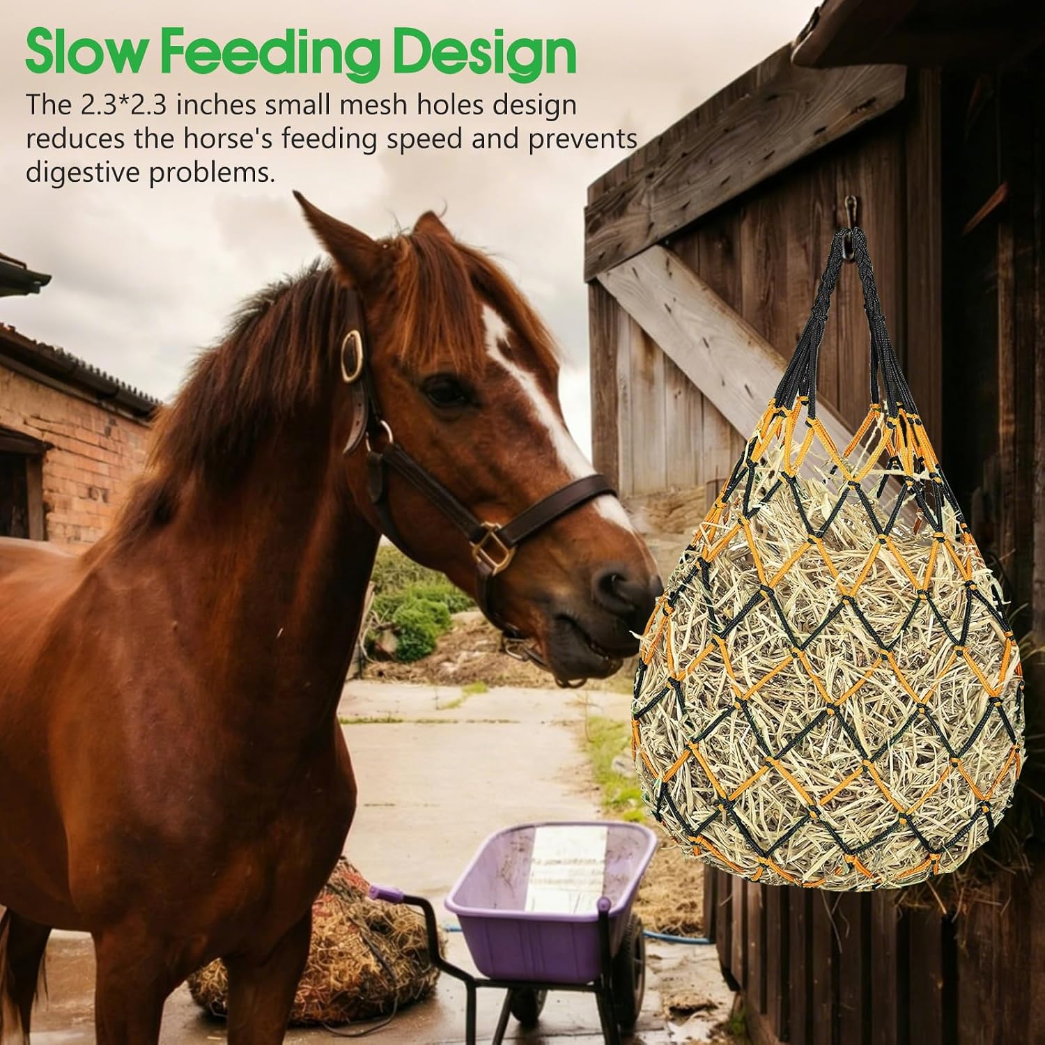 Slow Feed Hay Nets 3 Pack 40-Inch Durable Mesh Hay Bags Feeder for Horses