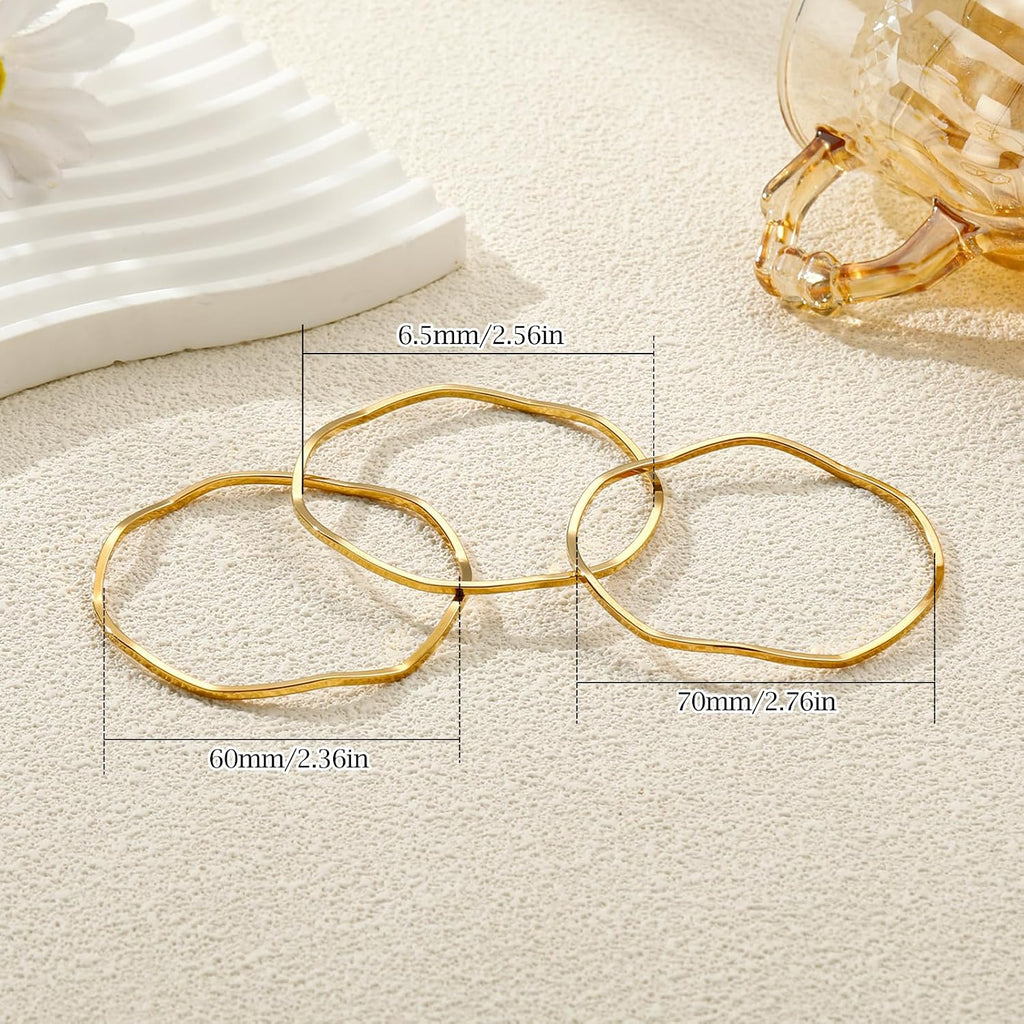 18K Gold Plated Bangles for Women Stainless Steel Glossy Stackable Thin Round Bracelets Solid Plain Polished Bangles