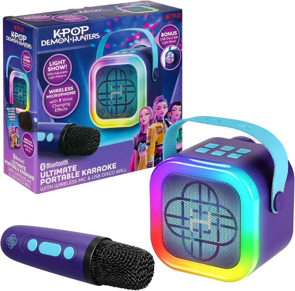 Kpop Demon Hunters Bluetooth Karaoke Machine for Kids, Wireless Microphone | Light Show and USB Disco Ball