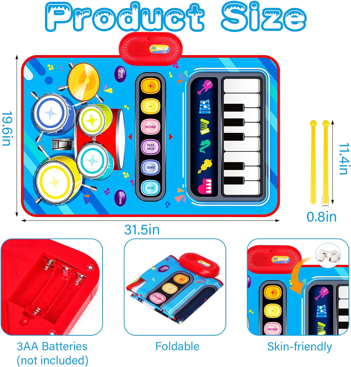 Baby Toys for 1 Year Old: Baby Musical Mat Toddler Toys Age 1-2 - 2 in 1 Piano Drum Babies Play Mat - Infant Music