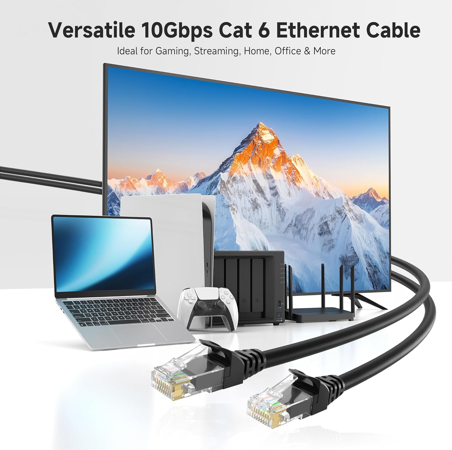 10Gbps Snagless Cat 6 Ethernet Cable, 50ft, Black | 24 AWG Bare Copper, Gold-Plated RJ45, PoE++, 550MHz Bandwidth