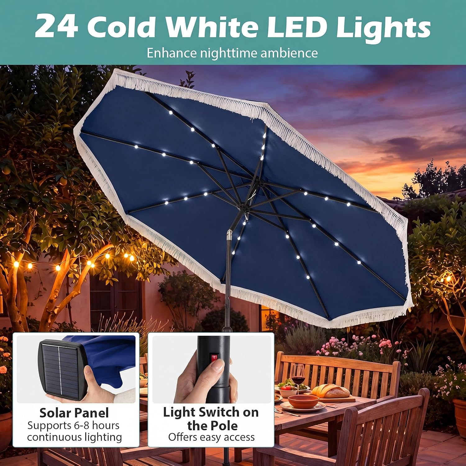 10 FT Solar Patio Umbrella with 24 LED Lights, Market Table Umbrella w/Fringe, Push Button Tilt, Crank Handle, 8