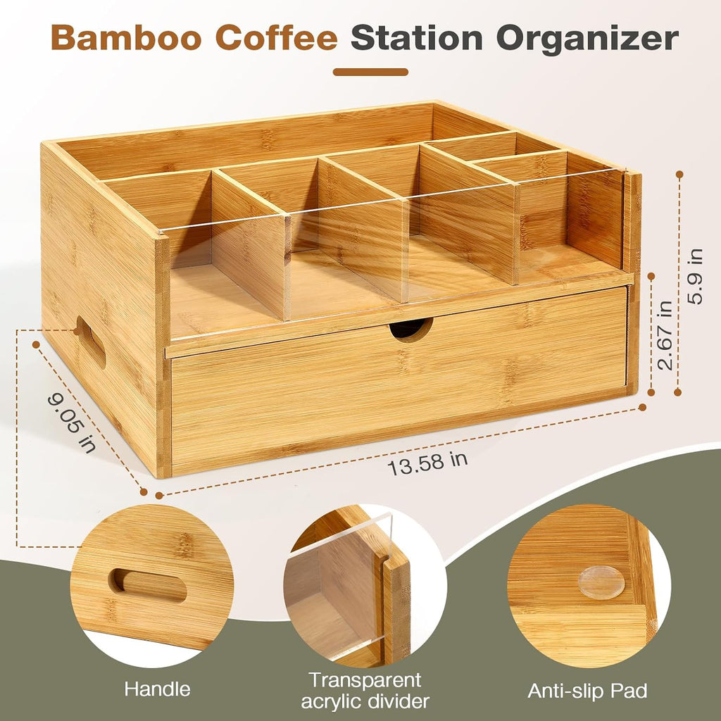 Bamboo Coffee Station Organizer with Drawer for Countertop
