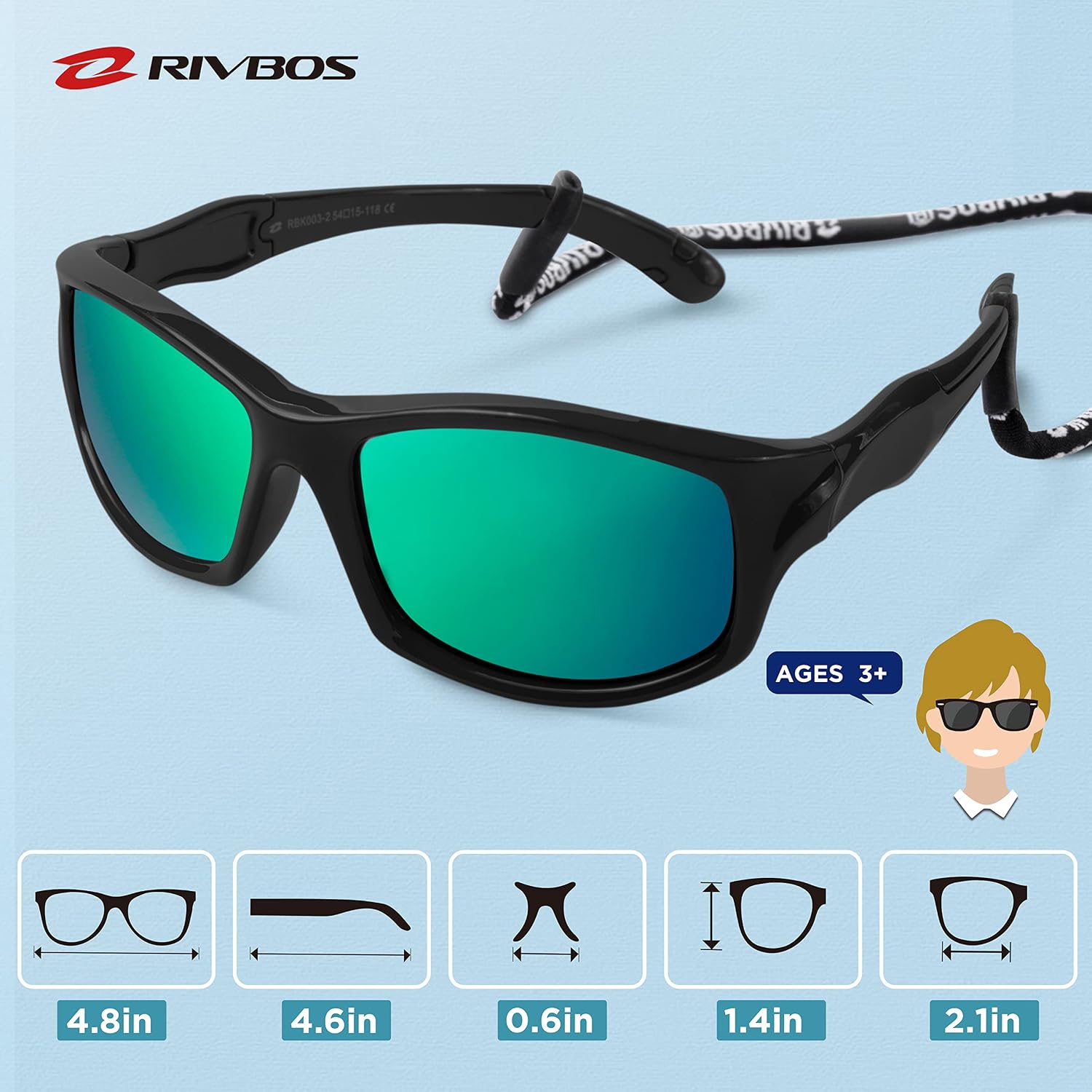 Kids Sunglasses Polarized UV400 TPE with Strap for Boys Girls RBK037 | Flexible rubber frame with UV protection and