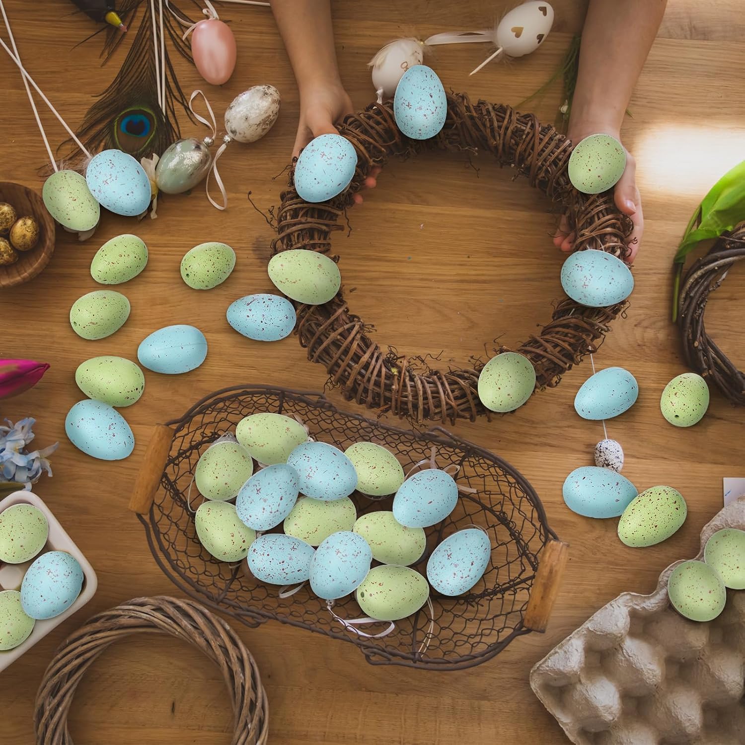 16 Pcs Pastel Easter Eggs with Chicken Nest Easter Table Centerpiece Plastic Green Blue Speckled Eggs for Spring