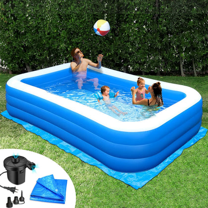 Inflatable Pool Bundle - 10ft x 6ft - Electric Pump and Ground Tarp Included - Fast Setup and Reinforced Seams