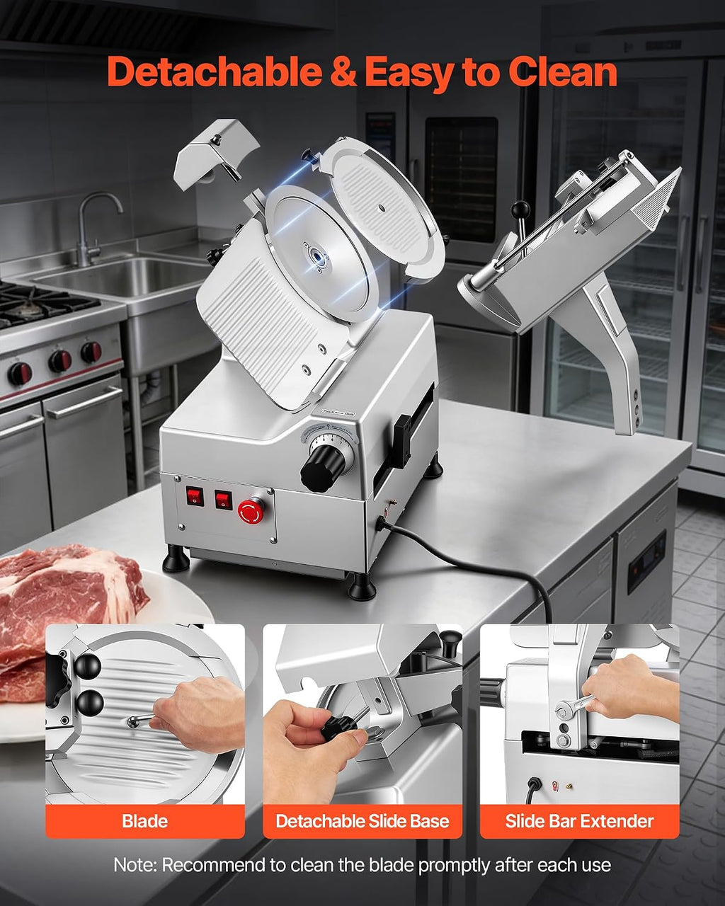 Fully Automatic Meat Slicer, 180W + 370W Commercial Food-Slicer with 10" Carbon Steel Blade, Built-In Sharpener &