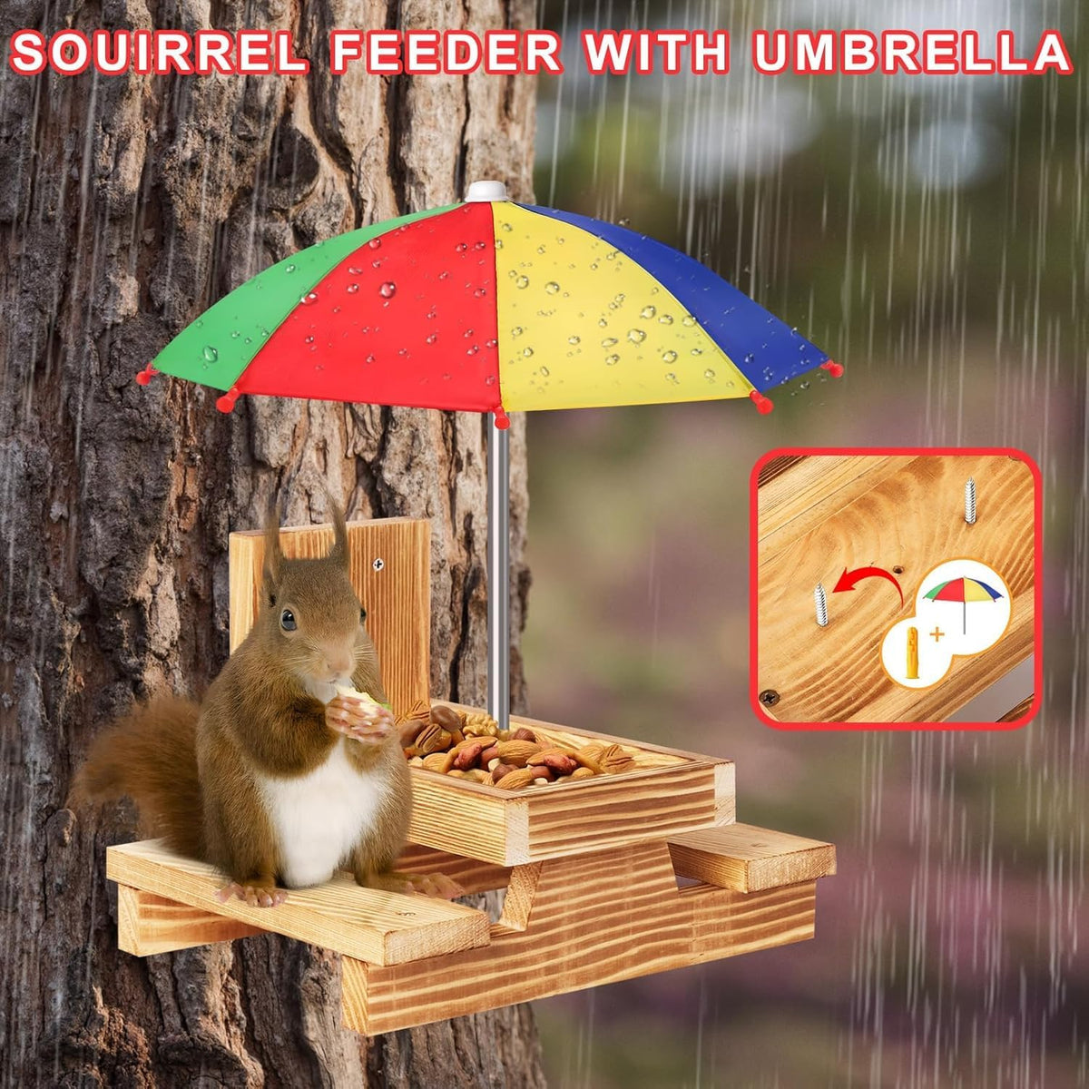 Gnodary Squirrel Feeder with Umbrella, Squirrel Feeders for Outside, Squirrel Picnic Table Feeder - Chipmunk Feeder