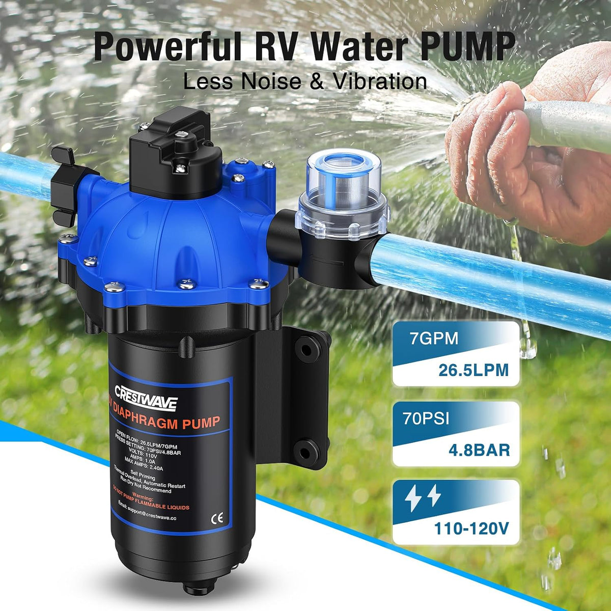 CrestWave Fresh Water Pump 7GPM 70PSI, 110V AC, Upgraded Five Chamber Self-Priming Diaphragm Water Pump with Pressure Switch and Strainer for RV, Home Water System, Irrigating & Industrial Settings