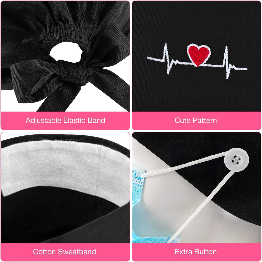 5 Pieces Bouffant Cap with Buttons Unisex Sweatband Adjustable Tie Back Hat