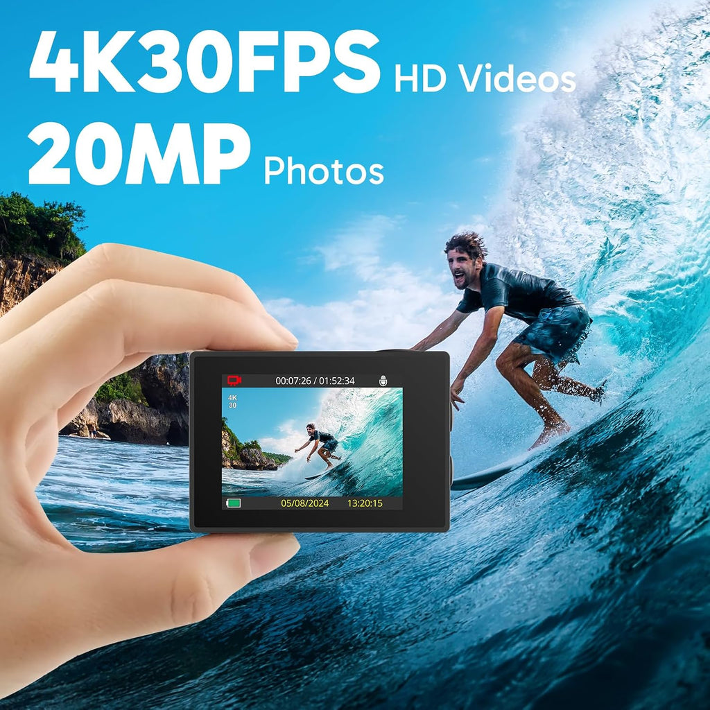 EK7000 4K30FPS 20MP WiFi Action Camera with EIS Ultra HD 131FT Waterproof Underwater Camera Remote Control 4X Zoom