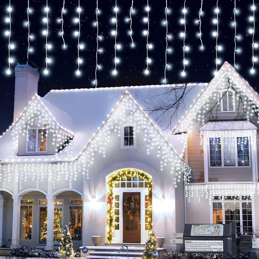 300 LED Christmas Icicle Lights,33FT White String Lights | 50 Drops Connectable,8 Modes with Memory,Plug In Hanging