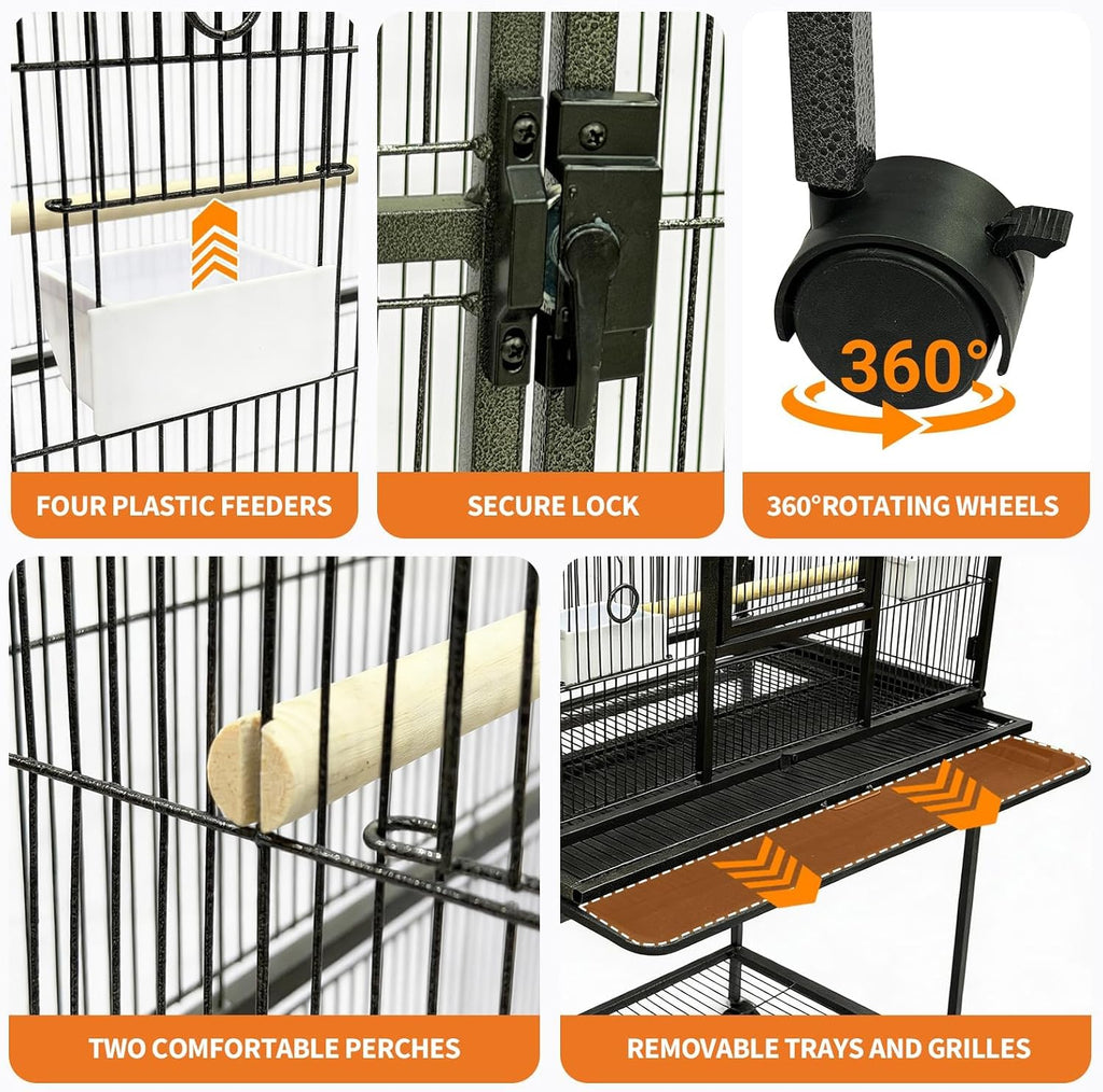 Spacious Flight Bird Cage with Rolling Stand & Storage Shelf - Durable Wrought Iron Parrot Home - Easy Clean, Ideal