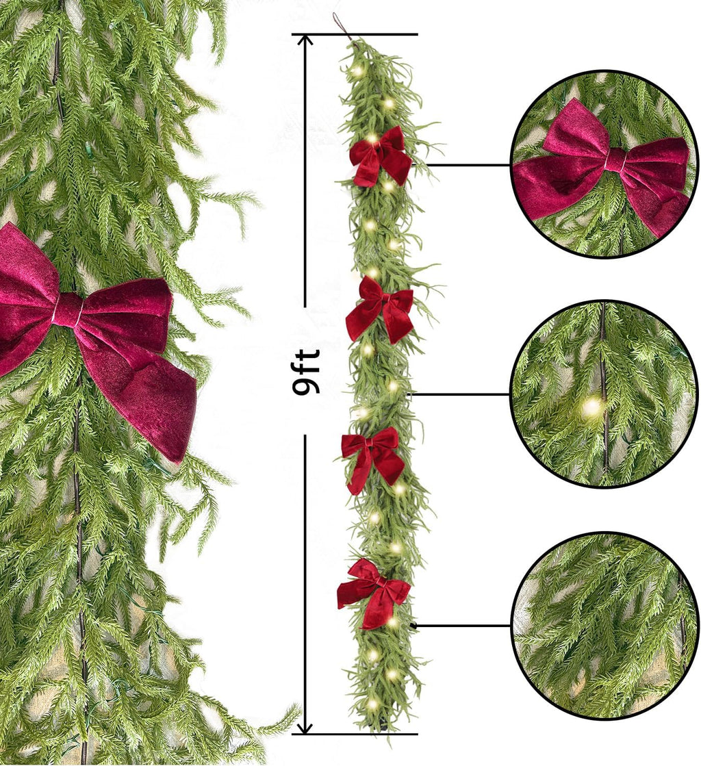 9ft Pre-Lit Real Touch Norfolk Christmas Garland with Lights | Lighted Pine Garland for Mantle,Greenery Christmas