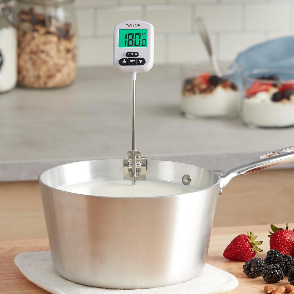 Programmable Digital Candy and Deep Fry Thermometer with Green Light Alert Display, Long Stem, and Adjustable Pan