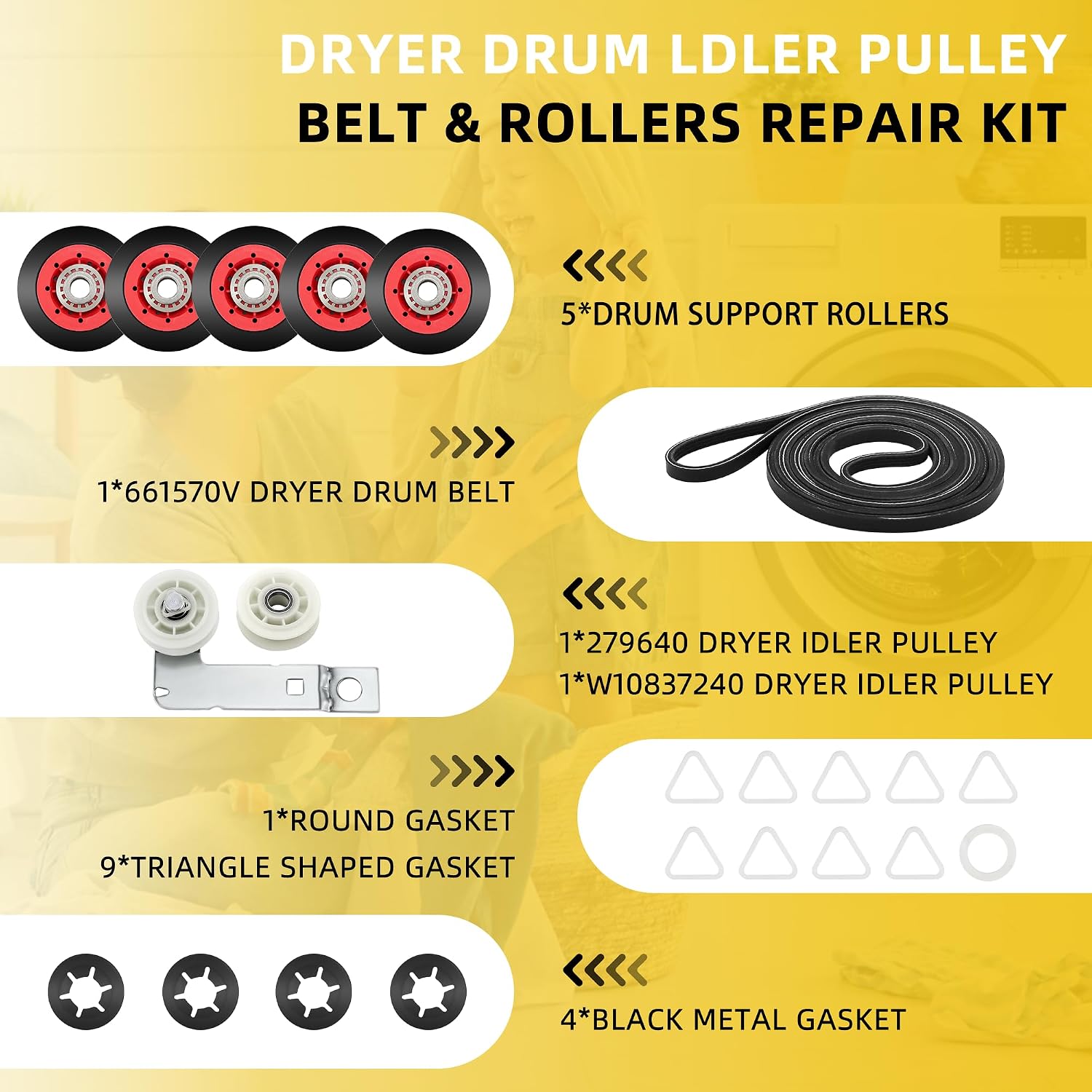 WPW10314173 Drum Roller&W10837240 Dryer Idler Pulley&661570v Dryer Belt&279640 Idler Pulley=4392067 Dryer Repair