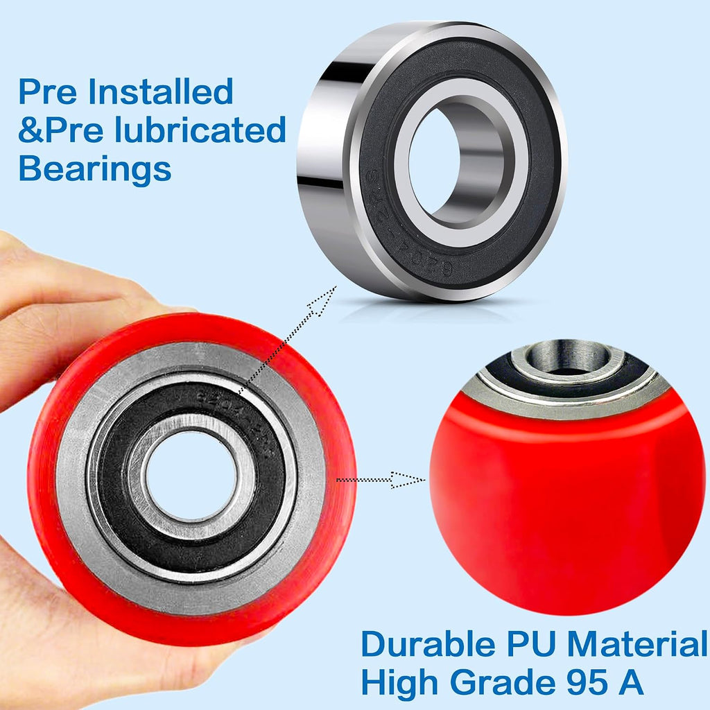 A Pair Pallet Jack Load Wheels Replacement Kit 3"x3.75"(74.5mm x 93mm) Red | Including Heavy Duty PU Tread