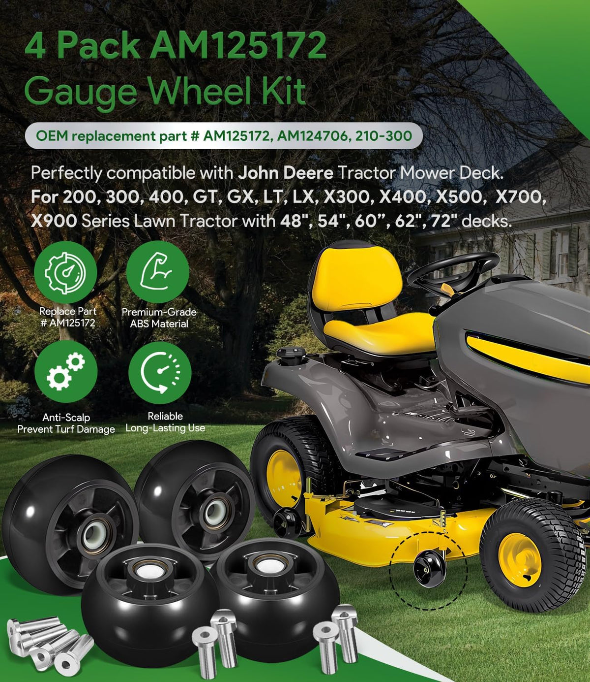 4 Pack AM125172 Plastic Deck Gauge Wheel Kit Compatible with John Deere 48", 54", 60", 62“, 72" Deck Lawn Tractor Mowers Wheel Kit, AM124706, 210-300