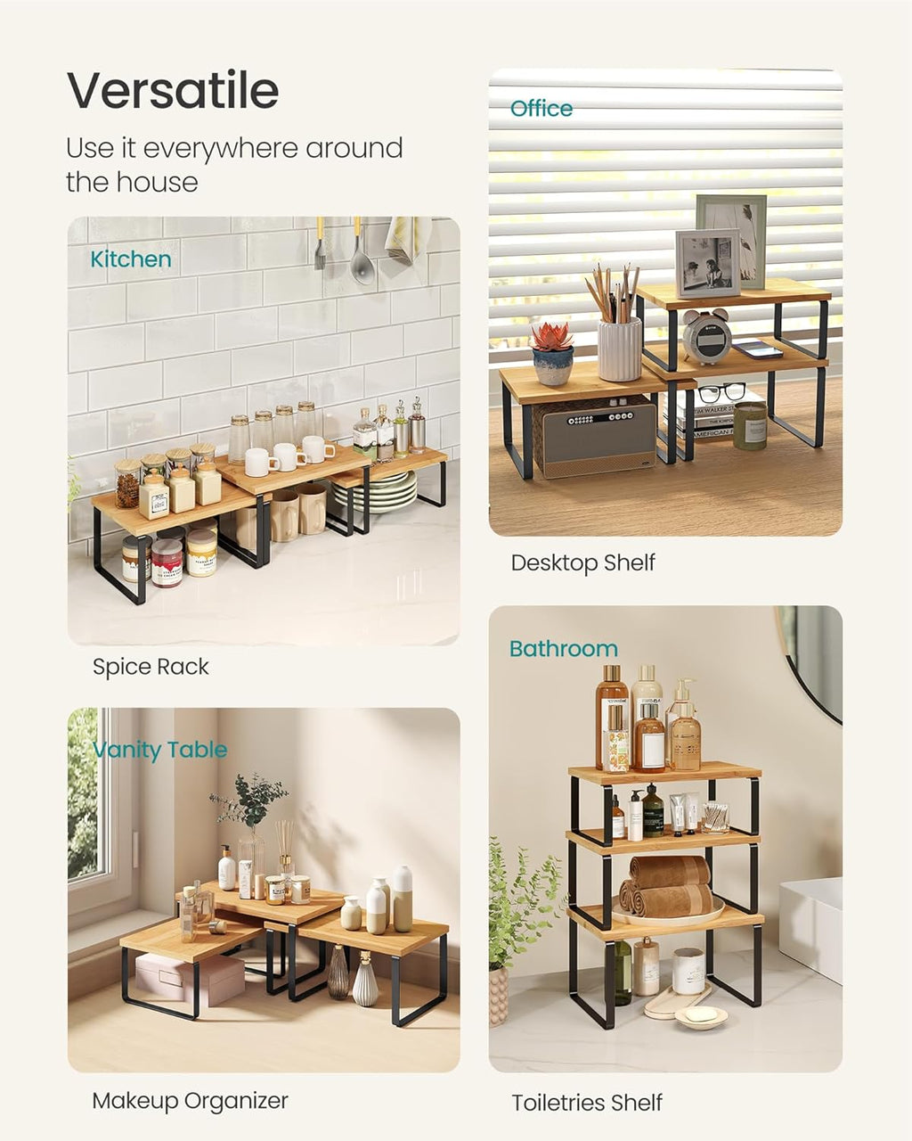 SONGMICS Cabinet Organizer Shelf, Set of 3 Kitchen Counter Shelves, Kitchen Storage, Spice Rack, Stackable