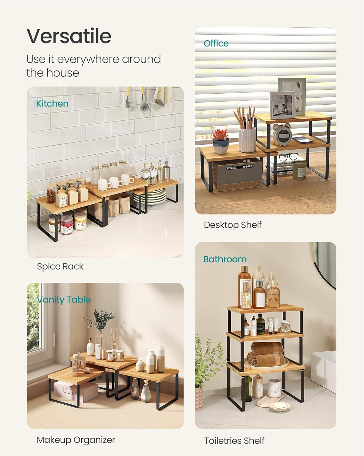 SONGMICS Cabinet Organizer Shelf, Set of 3 Kitchen Counter Shelves, Kitchen Storage, Spice Rack, Stackable